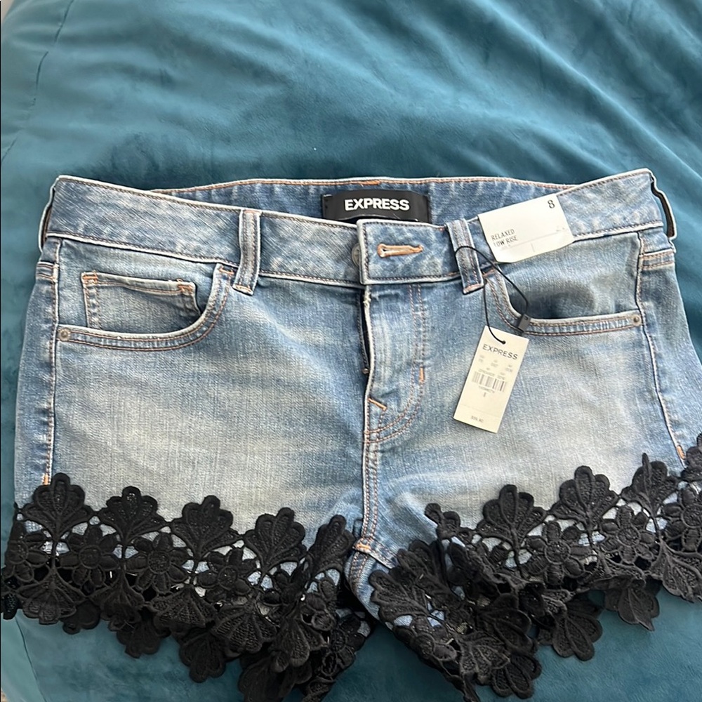 Express Blue Denim Shorts with Black Lace Detail